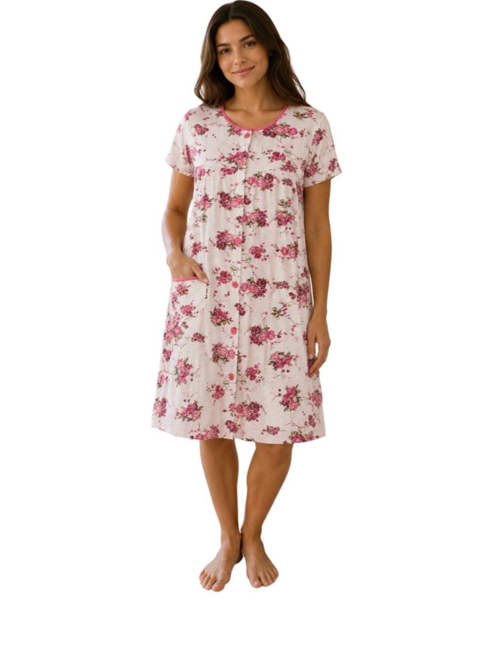 Cotton Blend Women's Flowery Short Sleeve Pink/white Pocket Botton Down NGown L
